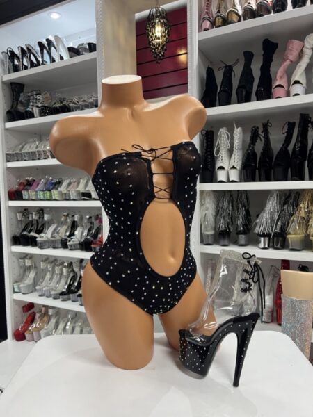 black rhinestone cutout bodysuit on mannequin