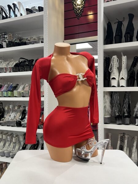 red three piece stretch mini outfit