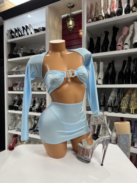 baby blue mini set with rhinestone buckle displayed on mannequin