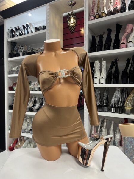 nude rhinestone mini set with long sleeves on mannequin