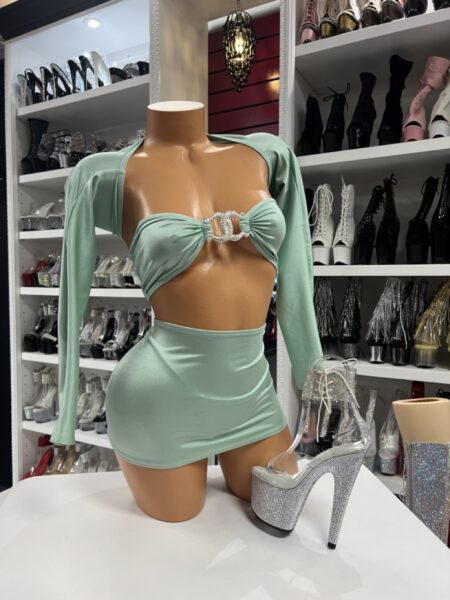 mint dance mini set with rhinestone buckle on mannequin