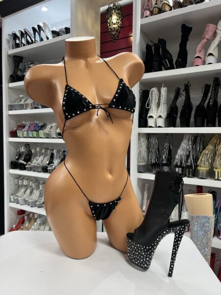 Studded black bikini set with triangle top and thong bottom for performance wear