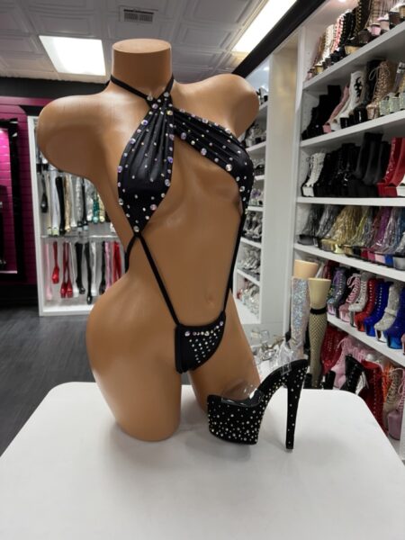 Black rhinestone slingshot bodysuit with halter neckline and high-cut design