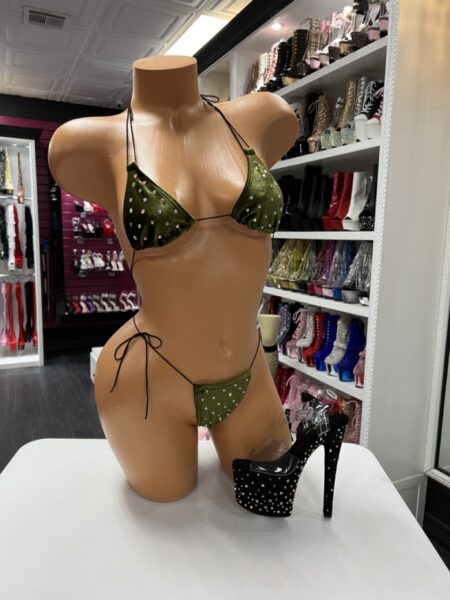 Olive green rhinestone bikini set with adjustable triangle top and tie-side bottoms