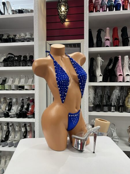 Royal blue rhinestone bikini with halter top and stage-ready sparkle