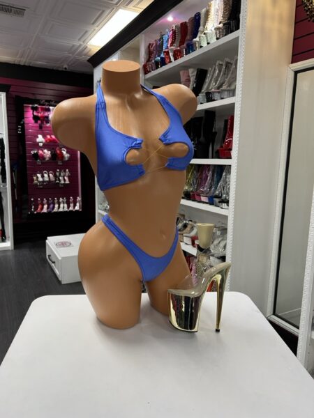 Blue cutout bikini set with halter top and high-leg bottom for performance wear