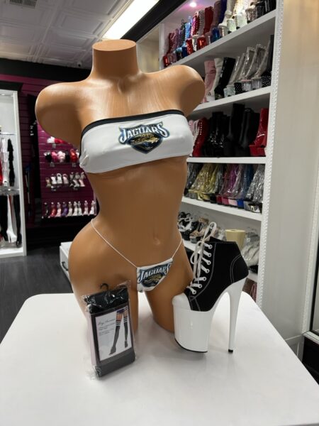 Strapless white micro bikini set with contrast stripe detail and thin string bottom on mannequin