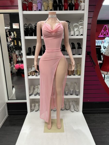 Baby pink sheer halter dress with rhinestone choker and high slit for performance wear