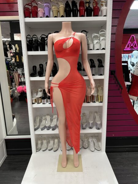 Red cutout slit dress with one shoulder strap and sheer overlay for performance wear