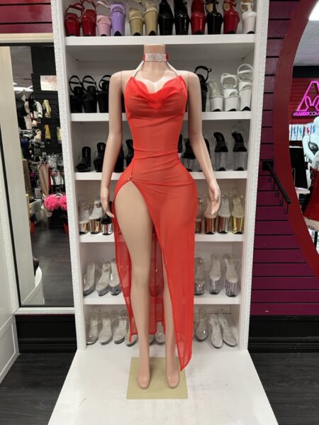 Sheer red halter dress with rhinestone choker and high slit for performance wear