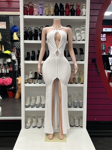 White diamond slit gown with keyhole front and rhinestone waist on mannequin