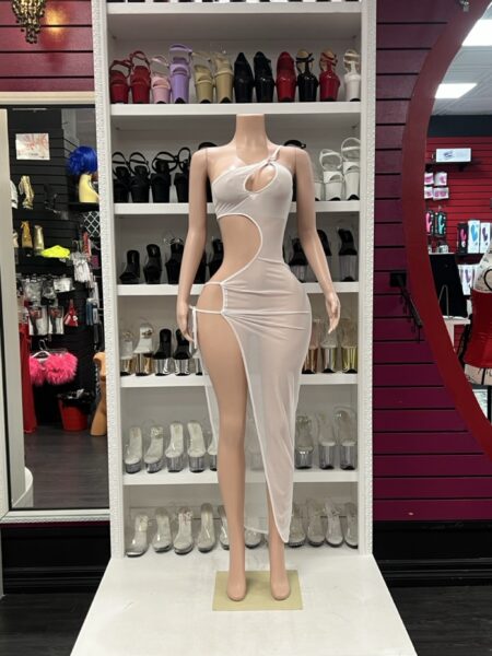 White cutout mesh dress with one-shoulder design and high slit on mannequin