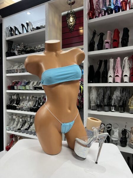 Aqua bandeau micro performance set displayed on mannequin with minimalist design