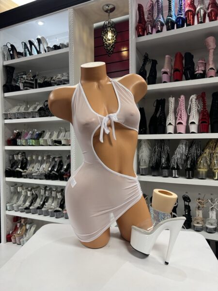 Sheer halo cutout mini dress with halter tie neckline and sheer fabric on mannequin