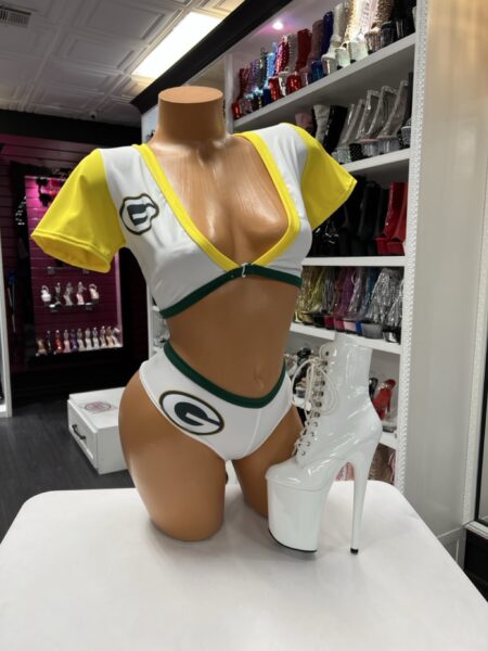 Sporty v neck set with contrast trim crop top and high cut bottoms on mannequin