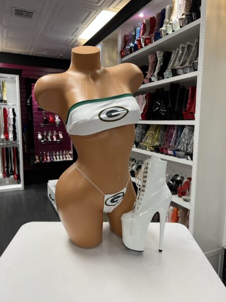 Sporty micro bikini set with strapless bandeau top and ultra cut bottoms on mannequin