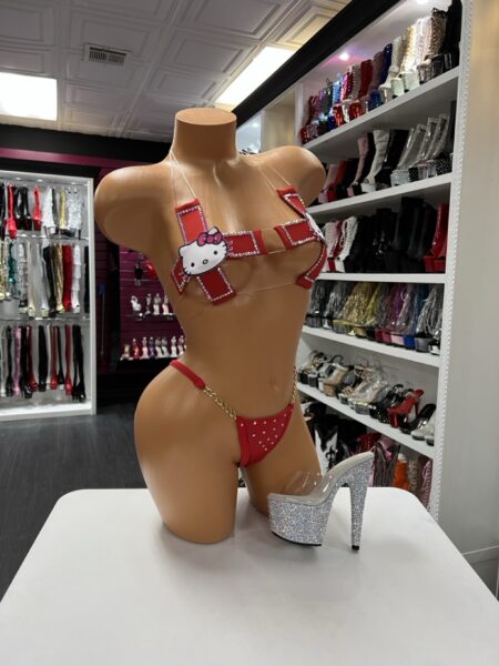 Red rhinestone harness set with adjustable straps and matching thong