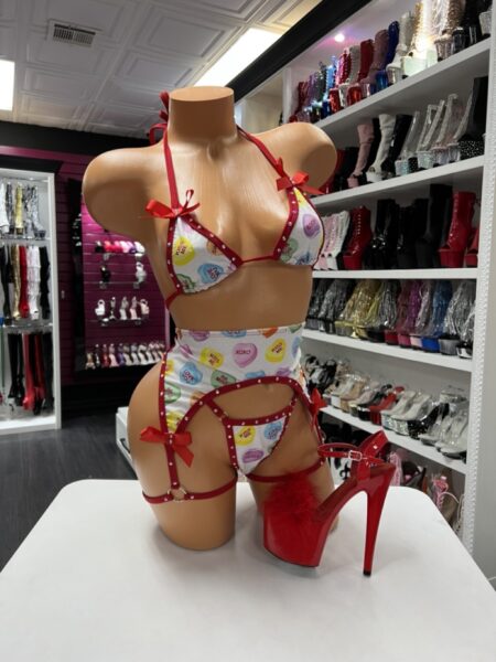 Valentine candy heart print lingerie set with red trim and garter straps