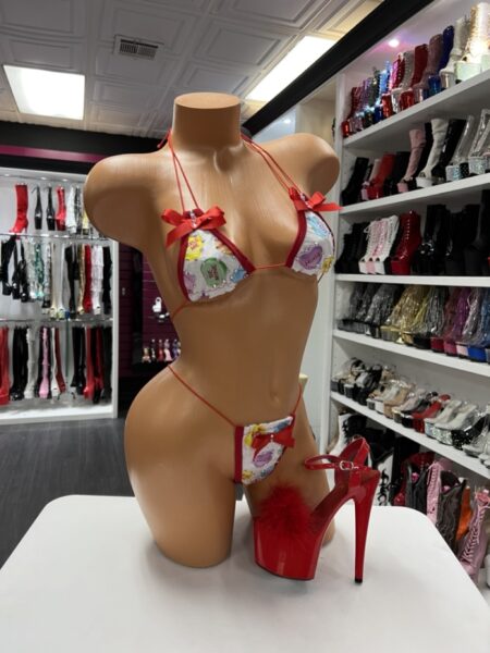 Valentine candy heart print bikini with red trim and bow accents