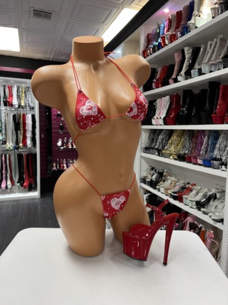 Red bandana print bikini set with triangle top and thong bottom