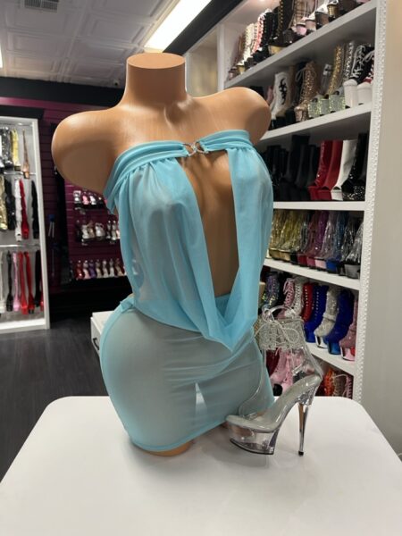 Aqua bandeau mesh dress with sheer draped front and fitted mini silhouette displayed on mannequin