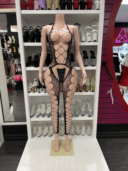 Black cutout fishnet bodysuit with rhinestone details for stage performance