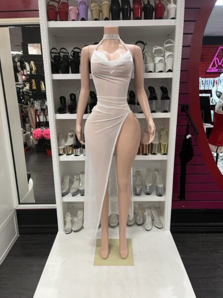 White sheer halter dress with rhinestone choker neckline and high slit for performance wear