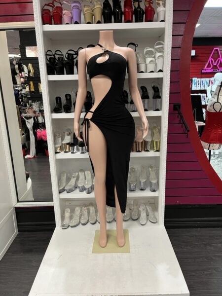 Black one-shoulder cutout dress with adjustable hip tie and high slit for performance wear