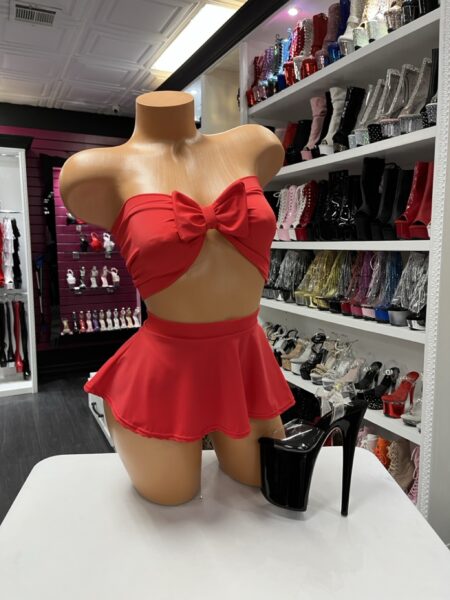 Red bow skirt set with strapless bandeau top and flared mini skirt for performers