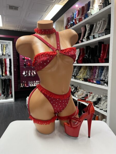 Scarlet rhinestone two piece garter set with attached leg garters displayed on mannequin