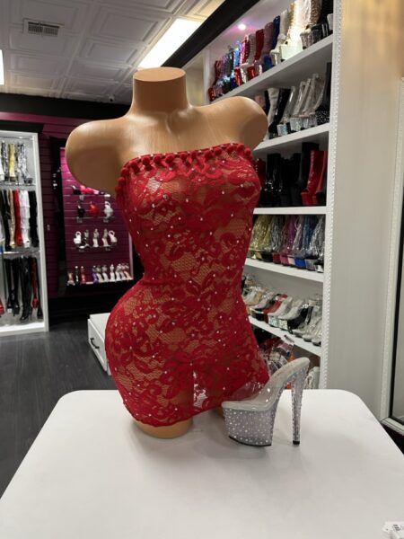 Red lace rhinestone strapless mini dress displayed on mannequin