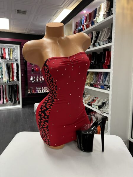 Red rhinestone leopard strapless mini dress displayed on mannequin