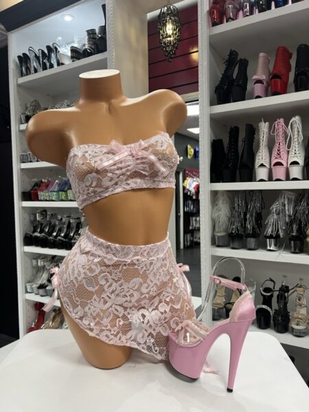 Pink lace bandeau and asymmetrical skirt lingerie set with satin bow details