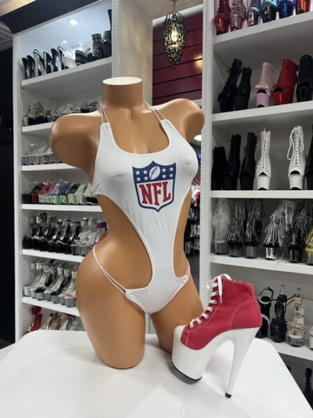 Sporty cutout micro bodysuit with halter neckline and high-cut sides