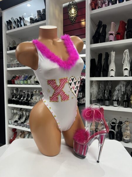 Pink XOXO feather bodysuit with pink feather trim and smooth stretch fabric