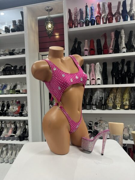 Dark fuchsia rhinestone open belly romper front view