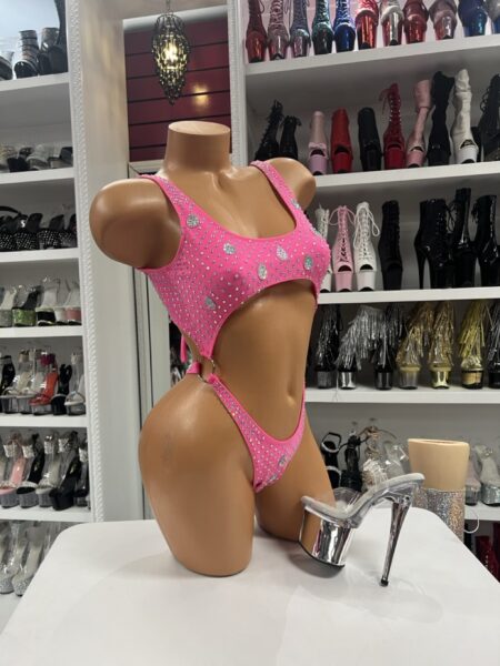 Pink Rhinestone Belly Romper with open waist cutout and crystal embellishment