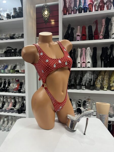 Red Rhinestone Belly Romper with open waist cutout and crystal embellishment