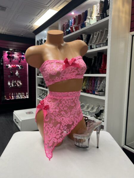 Pink lace bow set with strapless top and asymmetrical skirt detail