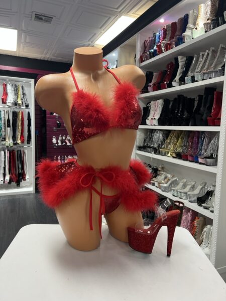 Red sequin feather set with triangle top, matching bottoms, and feather waist belt