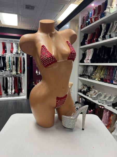 Red rhinestone micro set with triangle top and matching embellished thong
