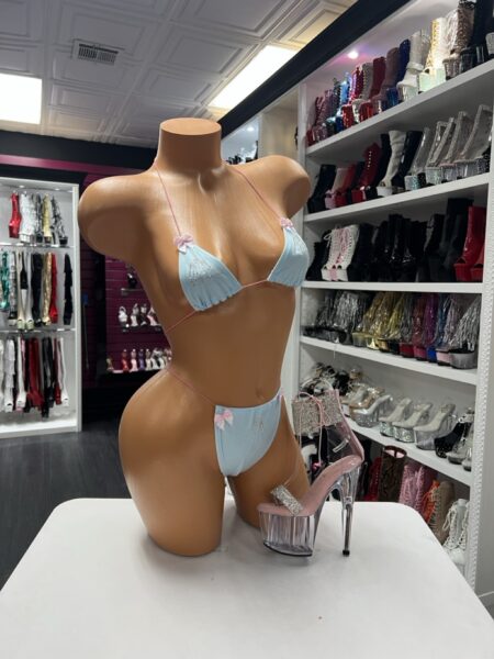 Pastel bow micro set with baby blue triangle top and pink bow accents