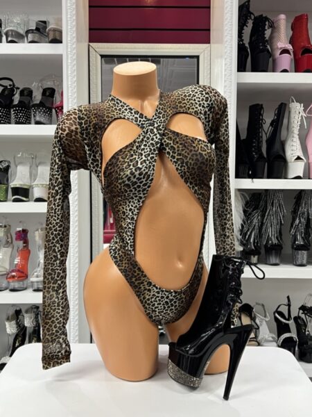 Leopard cutout twist bodysuit with long sleeves and twisted front detail
