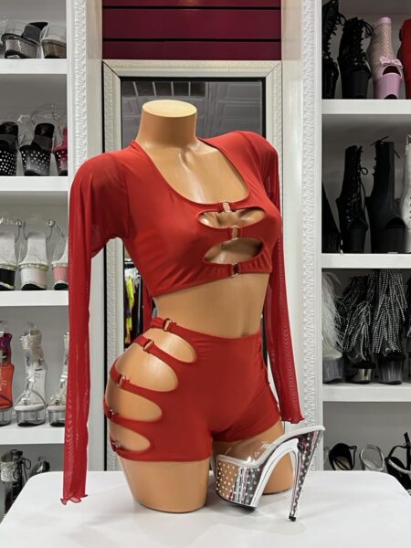 Red ring cutout 2 pc set with long sleeve crop top and high-waisted shorts