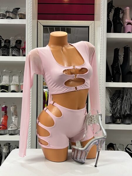 Blush ring cutout 2 pc set with long sleeve crop top and high-waisted shorts