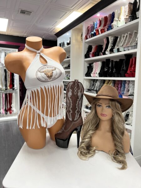 White fringe rodeo set with halter top and cascading fringe detail