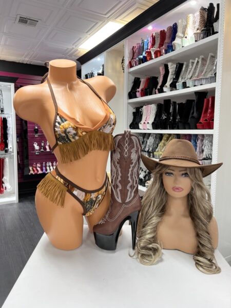 Western camo fringe set with halter top and brown fringe detail