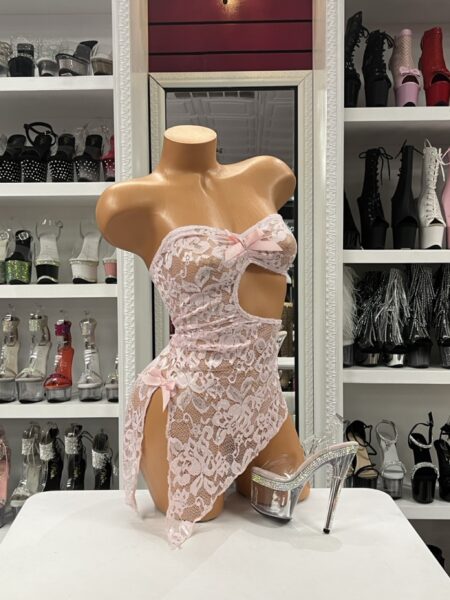 Alt text: Baby Pink Open Dress strapless lace mini dress with asymmetrical overlay front view Alt text: Baby Pink Open Dress lace cutout mini dress showing fitted silhouette Alt text: Baby Pink Open Dress strapless lace dress with asymmetrical skirt detail