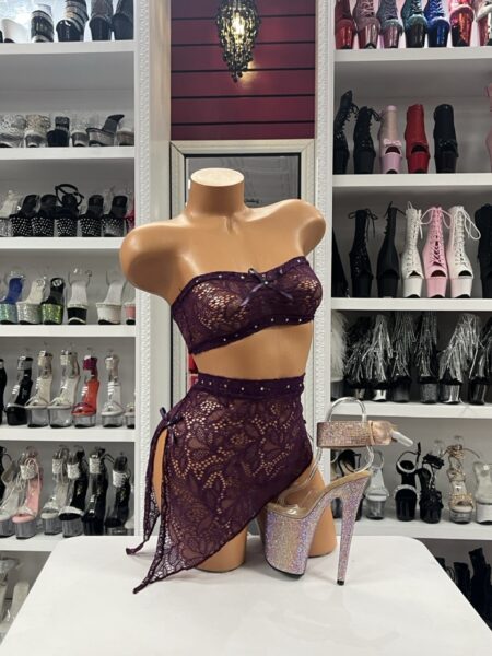 purple lace skirt set front view strapless purple lace skirt set outfit purple lace two piece clubwear set asymmetrical lace skirt purple set