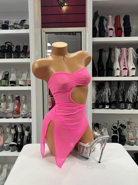 Neon pink cutout dress with strapless bandeau top and asymmetrical mesh overlay
